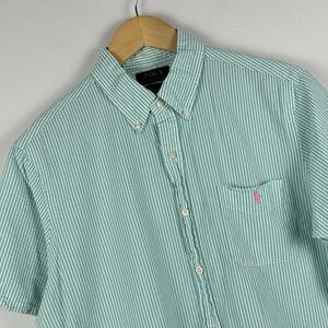 Polo Ralph Lauren Shirt Men's Large Green Stripe Seersucker Untucked Fit Preppy